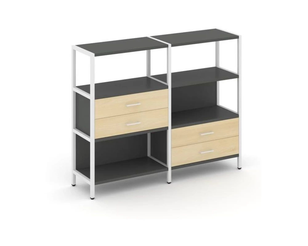 Двухсекционный стеллаж трехярусный с ящиками на двух ярусах 1590х400х1246 Shelf System