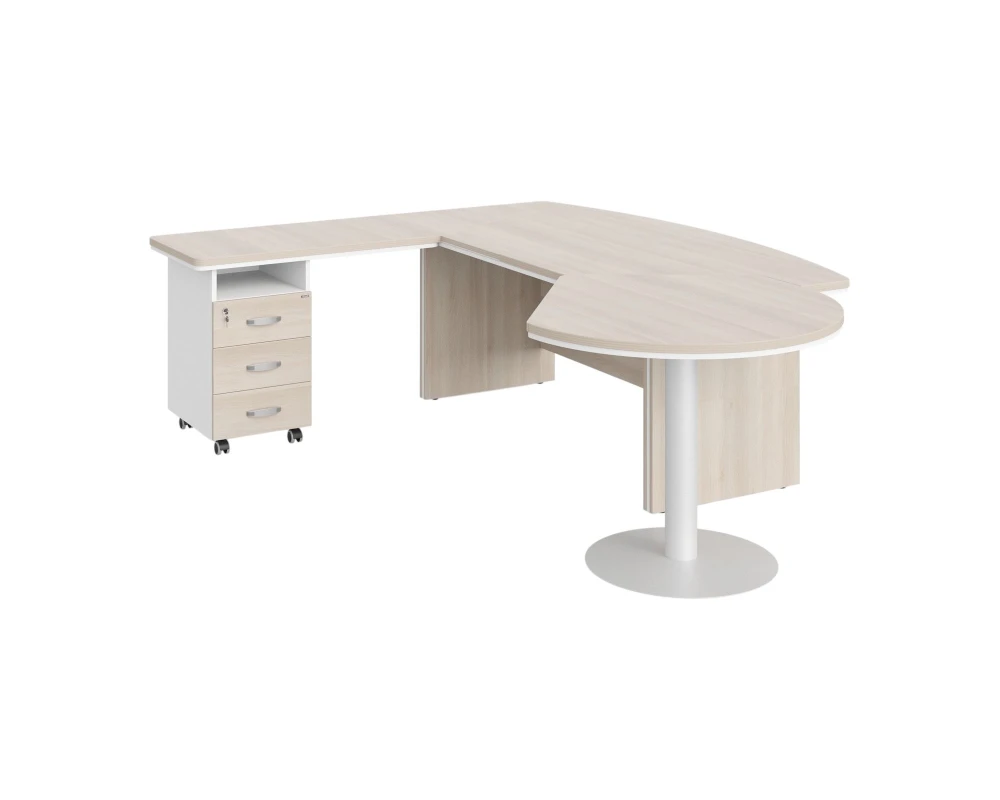 Стол руководителя угловой с брифингом и приставной тумбой L 255х205х76 Berlin Director Акация светлая/Белый премиум