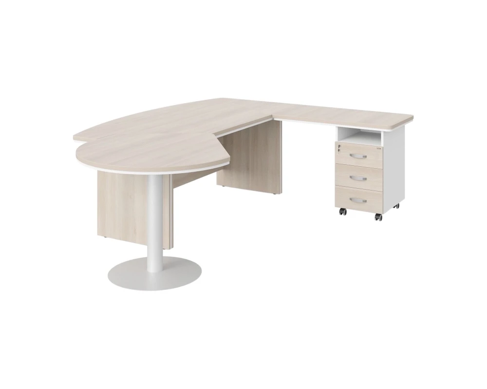 Стол руководителя угловой с брифингом и приставной тумбой R 255х205х76 Berlin Director Акация светлая/Белый премиум