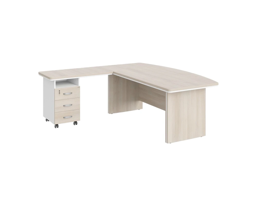 Стол руководителя угловой с тумбой L 200х205х76 Berlin Director Акация светлая/Белый премиум